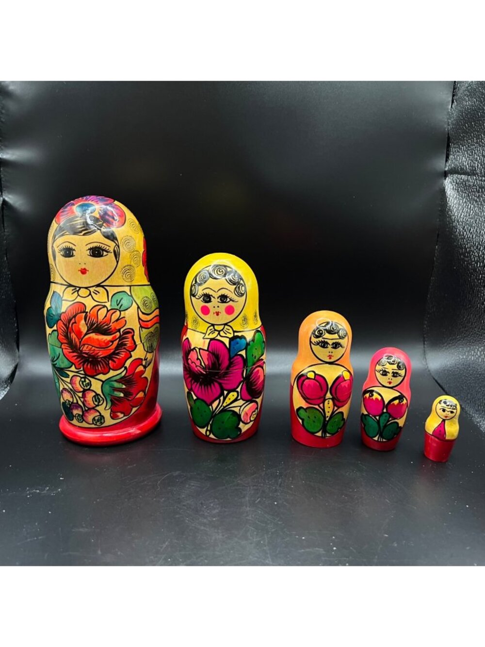 Hand-Painted Russian 5 Nesting Dolls Floral Motif Vibrant Colors Matryoshka VTG